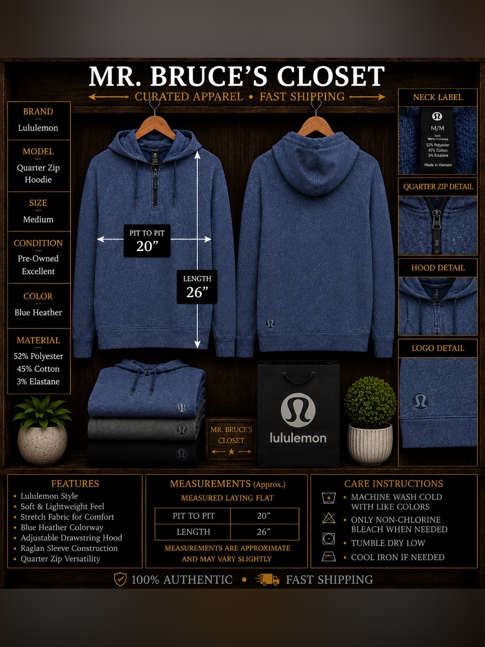 lululemon athletica Men's Quarter-Zip Hoodie - Blue Heather